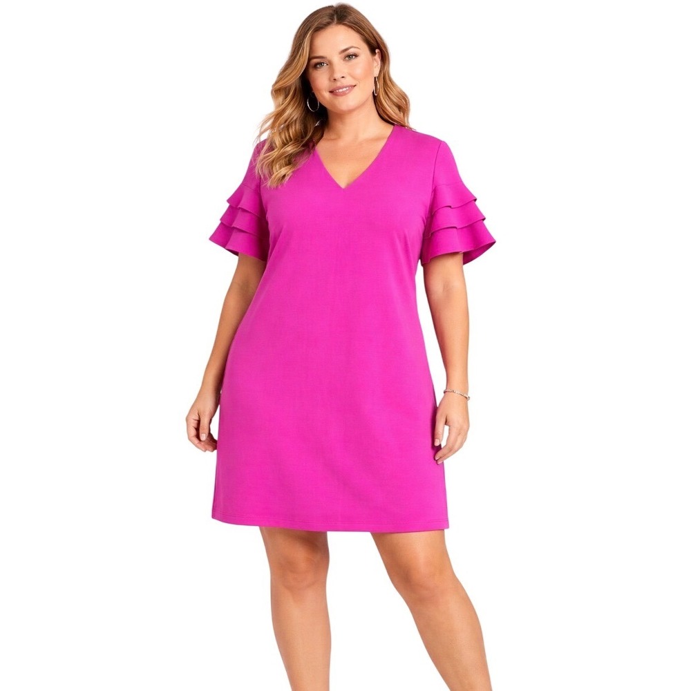 Worthington Womens XL Fuchsia Pink V-Neck Ruffle Tiered‎ Sleeve Dress  72613-3
